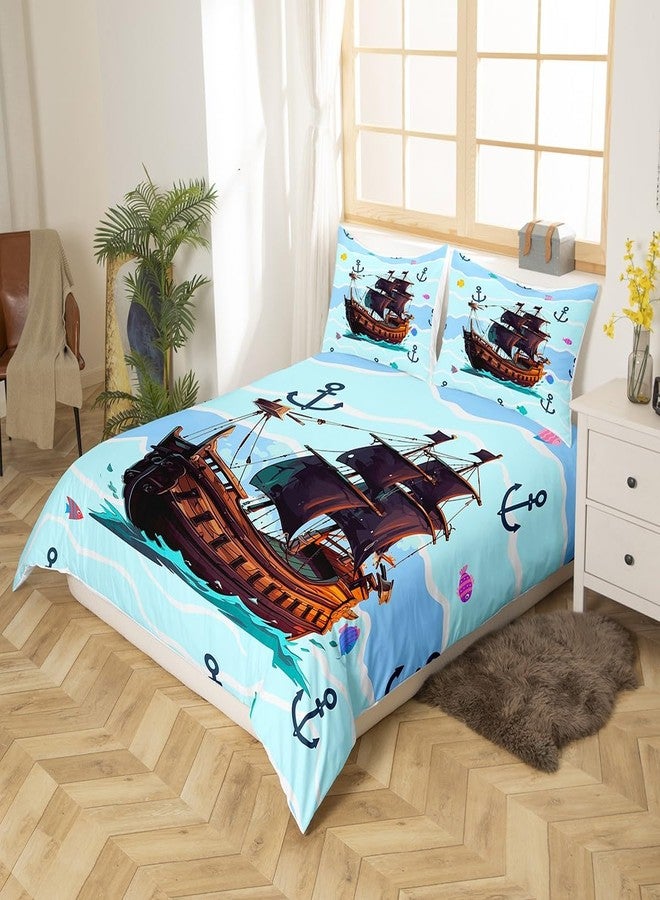 Homewish Pirate Ship Duvet Cover Anchor Printed Bedding Set Cute Fish Comforter Cover for Boys Girls Kids Room Decor Nautical Theme Lightweight Bedspread Cover Twin Size with 1 Pillow Case(No Comforter) - Image 2
