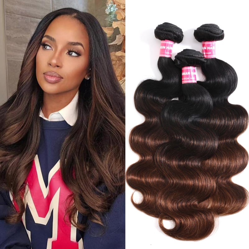 UNICE Chestnut Brown Ombre Body Wave Human Hair Weave 3 Bundles 16 18 20 inch Brazilian Remy Human Hair Wavy Sew in Human Hair Extensions - Image 2
