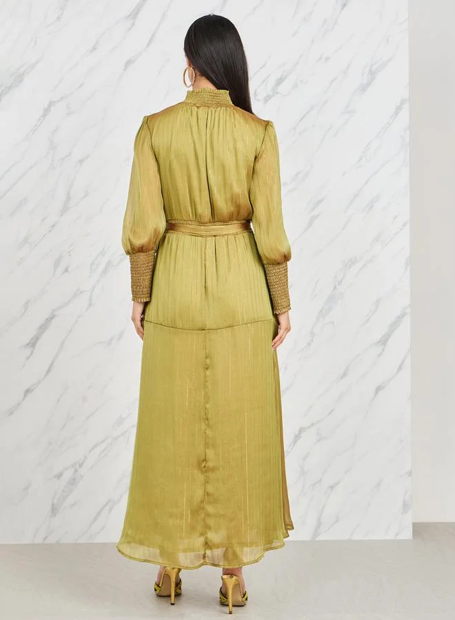 Styli Lurex Striped Tiered Maxi Dress with Tie Belt
