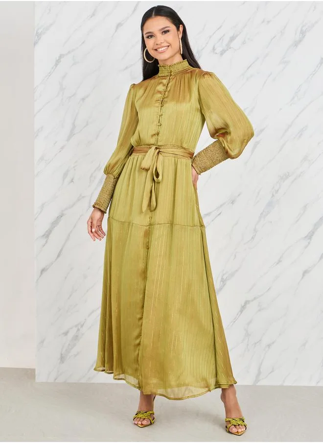 ستايلي Lurex Striped Tiered Maxi Dress with Tie Belt