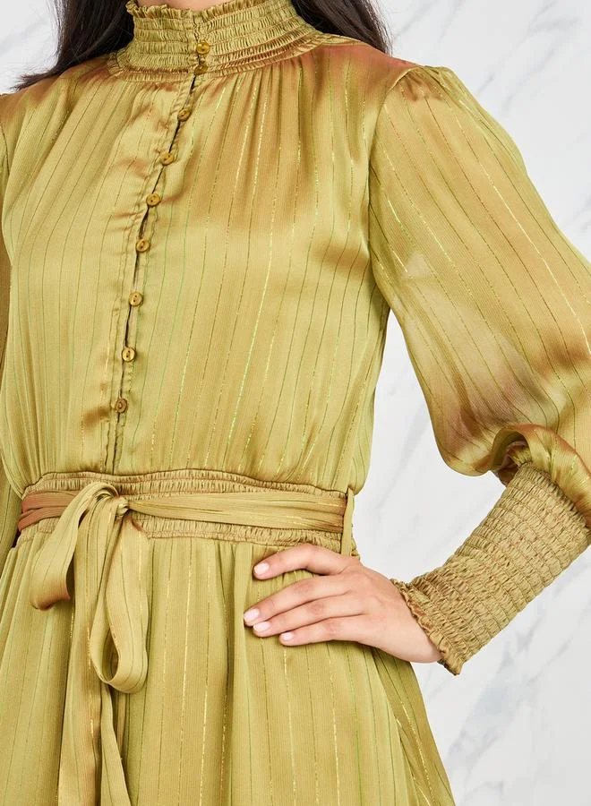 Styli Lurex Striped Tiered Maxi Dress with Tie Belt