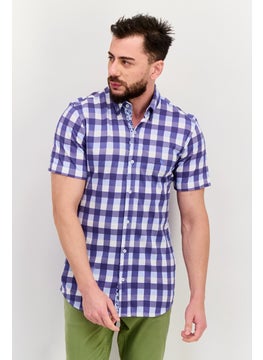 Men Regular Fit Gingham Pattern Short Sleeve Casual Shirts, Navy