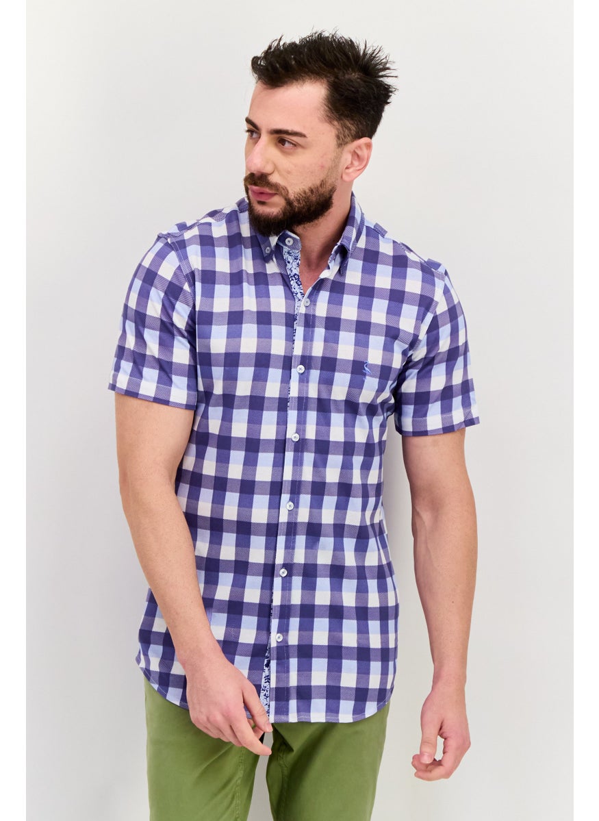 Tailorbyrd - Men Regular Fit Gingham Pattern Short Sleeve Casual Shirts, Navy - Image 1