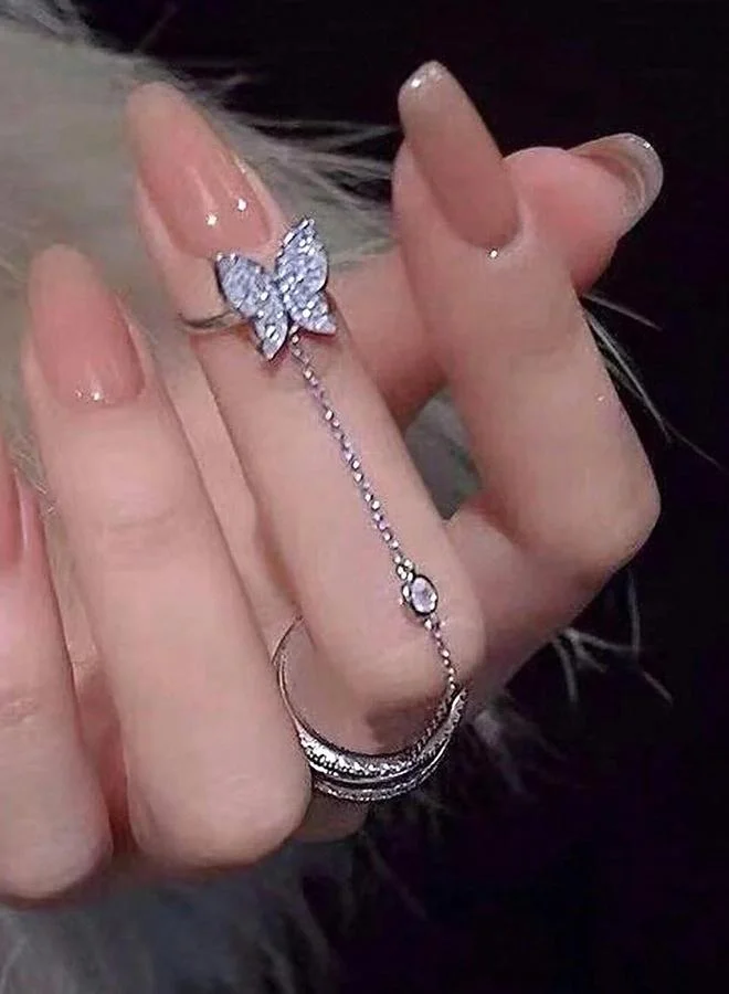 تايك تو Take Two Embellished Rings with Butterfly Chain Detail