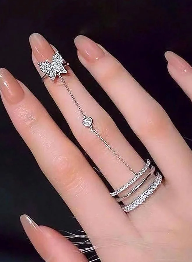 تايك تو Take Two Embellished Rings with Butterfly Chain Detail