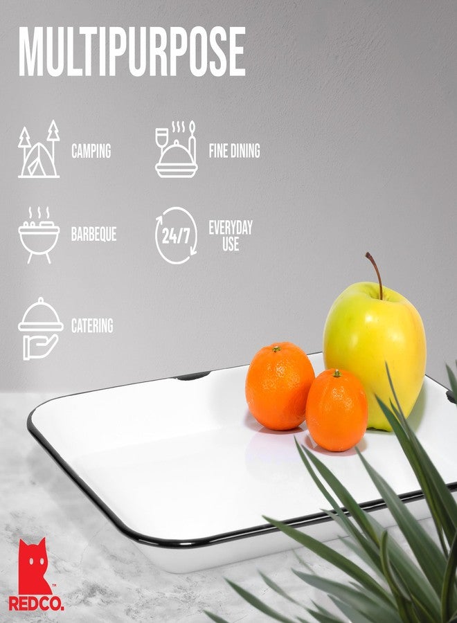 Red Co. 13.5” x 10” Enamelware Metal Classic 1.6-Quart Rectangular Serving Tray, Distressed White/Black Rim - Image 4