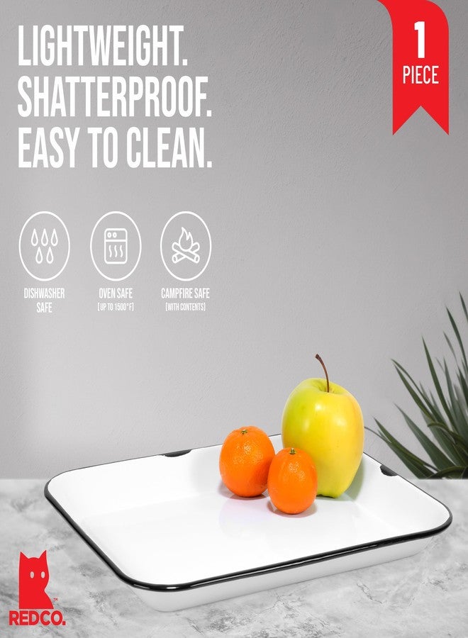 Red Co. 13.5” x 10” Enamelware Metal Classic 1.6-Quart Rectangular Serving Tray, Distressed White/Black Rim - Image 2