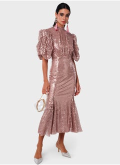 Threadz by Ajooni Back Open Sequin Puff Sleeve Dress  - Image 1