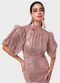Threadz by Ajooni Back Open Sequin Puff Sleeve Dress  - Image 3