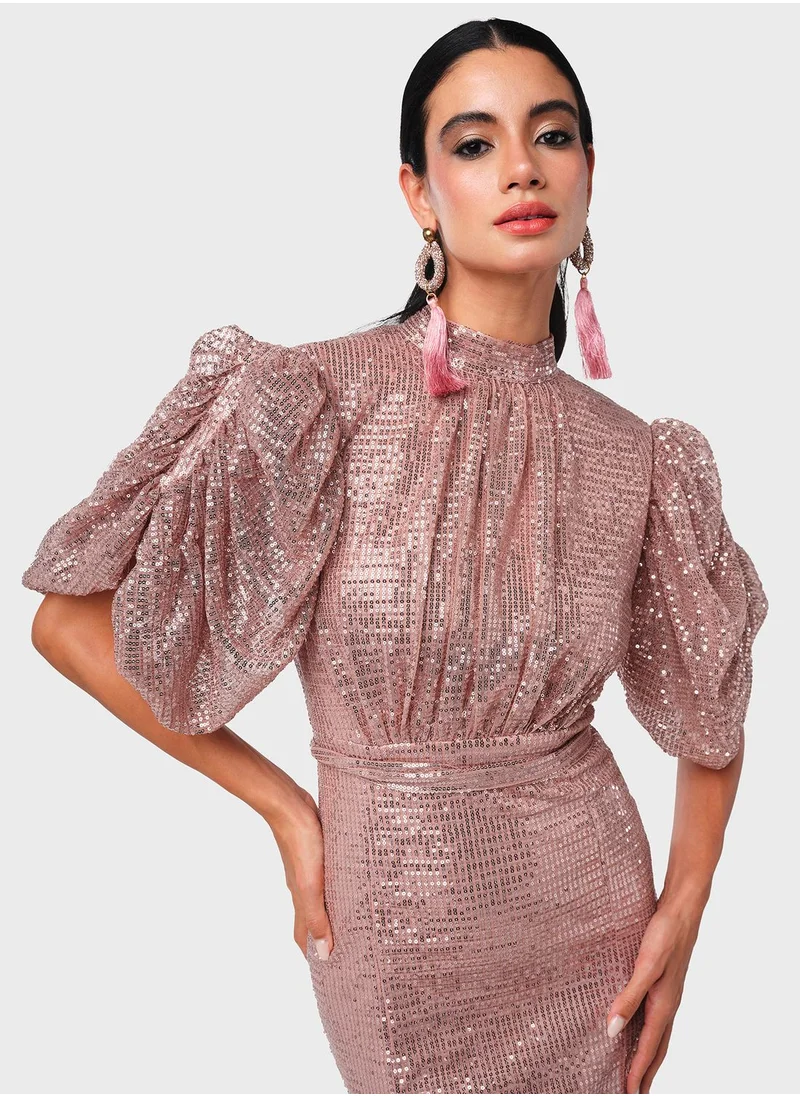 Threadz by Ajooni Back Open Sequin Puff Sleeve Dress