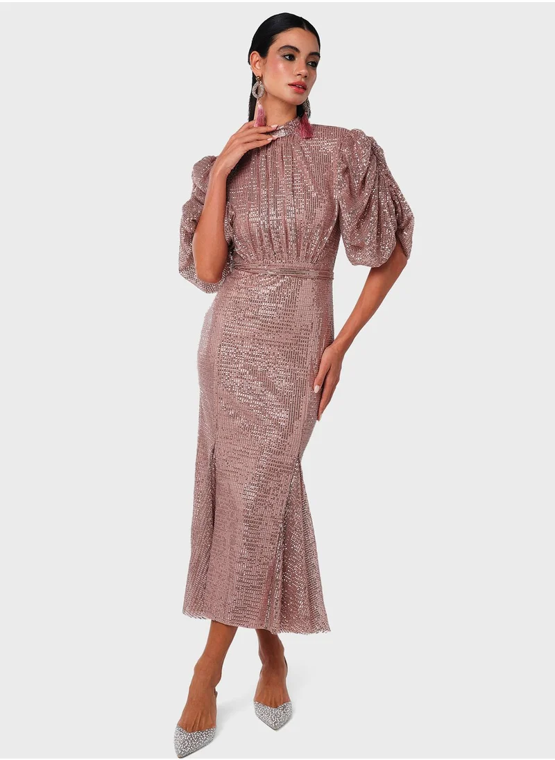 Threadz by Ajooni Back Open Sequin Puff Sleeve Dress