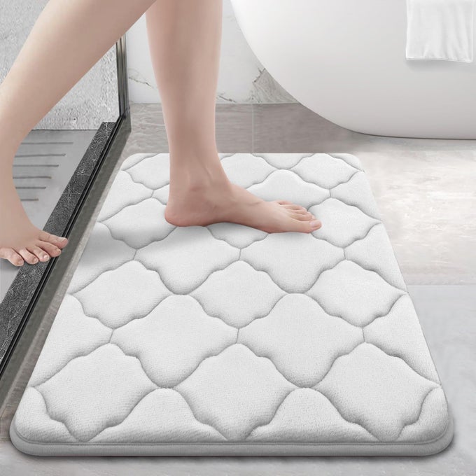 MEMORY FOAM BATH MAT RUG 24X16 SOFT AND ABSORBENT BATHROOM RUGS NONSLIP COMFORTABLE MACHINE WASHABLE BATH CARPET FOR BATHROOM FLOOR TUB SHOWER AND HOME DECOR ACCESSORIES WHITE