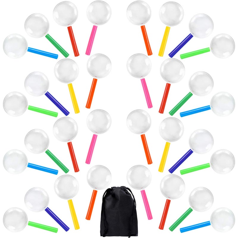 Elcoho 24 Pack Magnifying Glasses for Young People Plastic Colorful Magnifying Glasses for Party Favors Educational Toys with Storage Bag 8 Colors