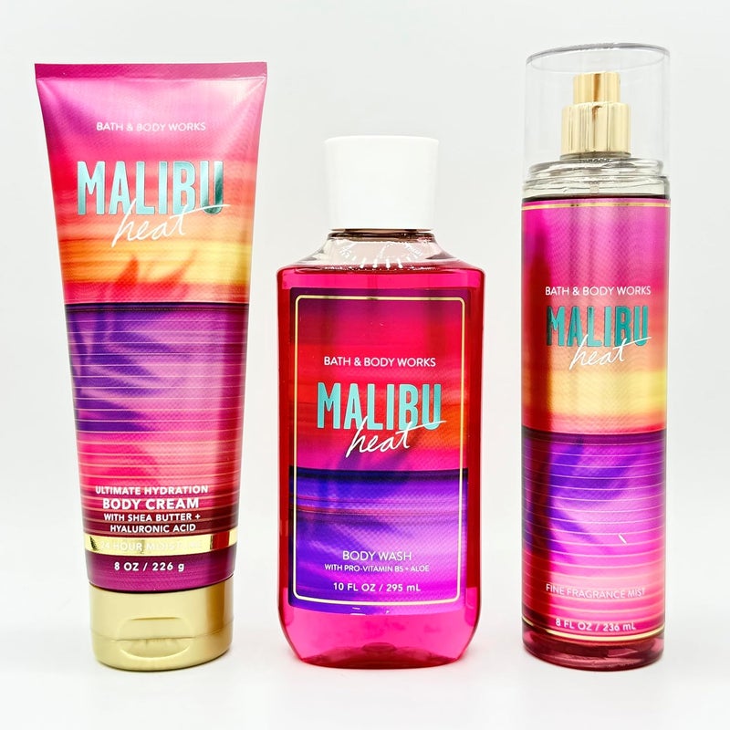 Malibu Heat 3Piece Bath Bundle Ultimate Hydration Body Cream Body Wash and Fine Fragrance Mist - Image 1