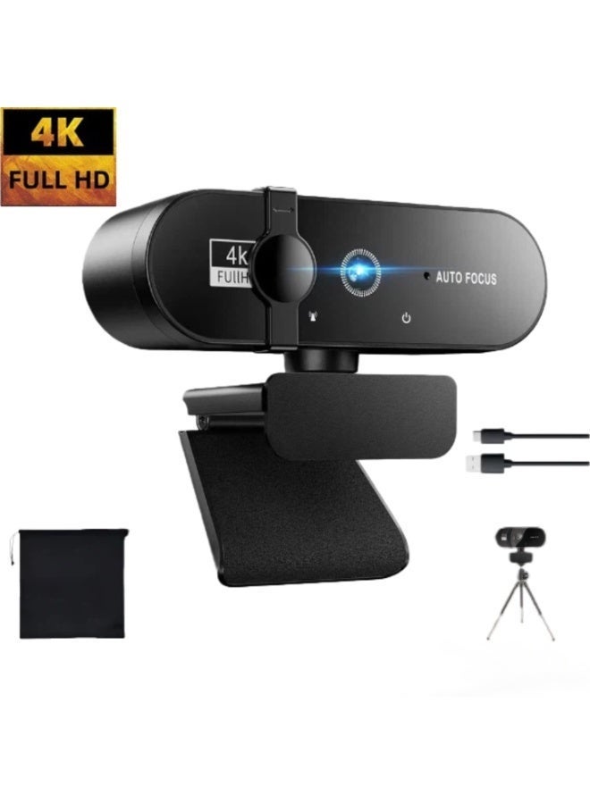 كاميرا ويب 4K فول اتش دي مع تركيز تلقائي وميكروفون مزيل للضوضاء، دوران 360°، غطاء خصوصية وحامل ثلاثي الأركان، مناسبة لمؤتمرات الفيديو والدورات التعليمية عبر الإنترنت - Image 1