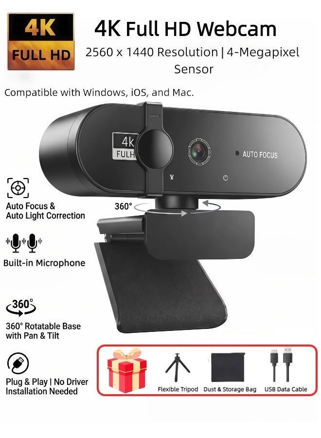 4K Full HD Webcam, Auto-Focus, Noise Reduction Mic, Privacy Cover, 360° Rotation, Plug-and-Play, Tripod Included, Black Camera for Video Conferencing & Online Learning - Image 1