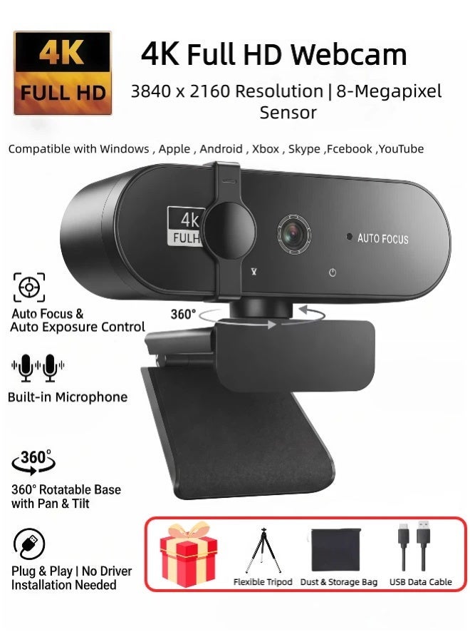 كاميرا ويب 4K فول اتش دي مع تركيز تلقائي وميكروفون مزيل للضوضاء، دوران 360°، غطاء خصوصية وحامل ثلاثي الأركان، مناسبة لمؤتمرات الفيديو والدورات التعليمية عبر الإنترنت - Image 1