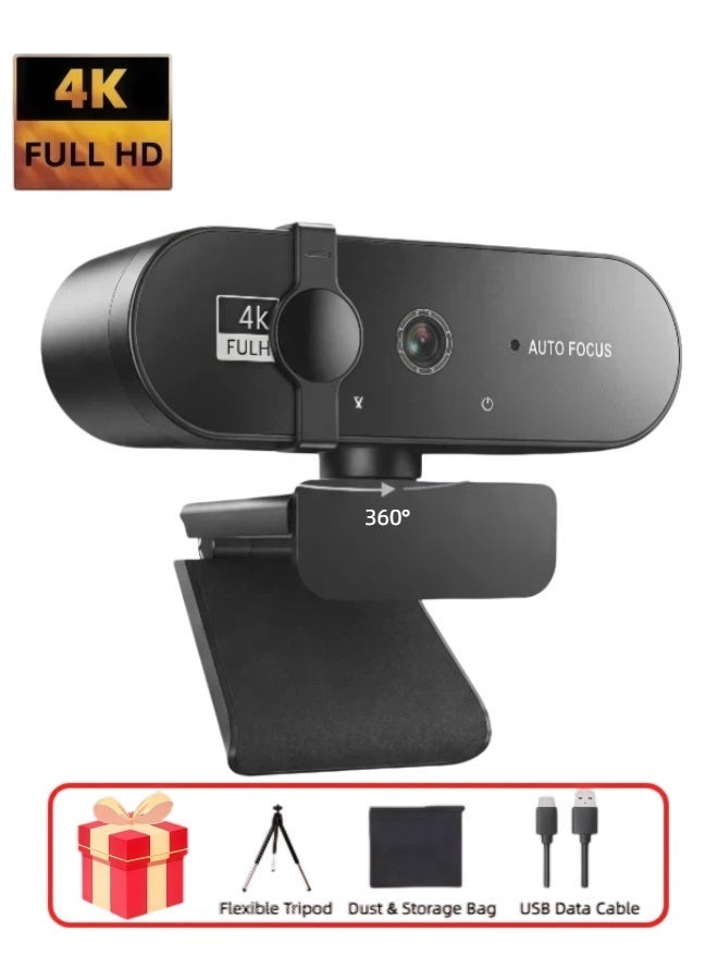 كاميرا ويب 4K فول اتش دي مع تركيز تلقائي وميكروفون مزيل للضوضاء، دوران 360°، غطاء خصوصية وحامل ثلاثي الأركان، مناسبة لمؤتمرات الفيديو والدورات التعليمية عبر الإنترنت - Image 1