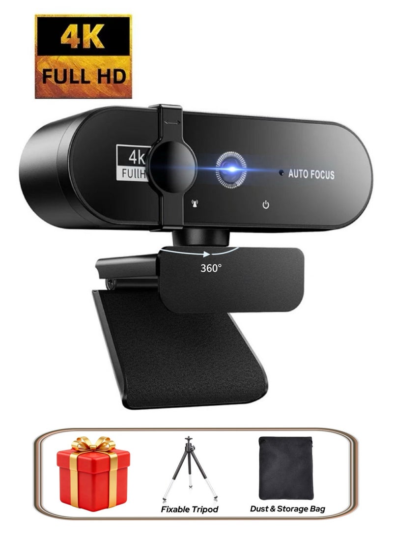 4K Full HD Webcam, Auto-Focus, Noise Reduction Mic, Privacy Cover, 360° Rotation, Plug-and-Play, Tripod Included, Black Camera for Video Conferencing & Online Learning - Image 1