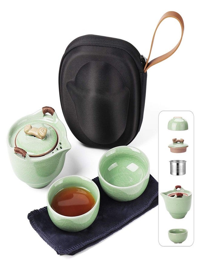 Dltsli Travel Ceramic Tea Pot Set, Chinese Kung Fu Teapot 1 Pot 2 Mini Cup Porcelain Gongfu Teacups with Infuser Portable Bag All in One for Picnic Outdoor Camping Hotel - Image 3