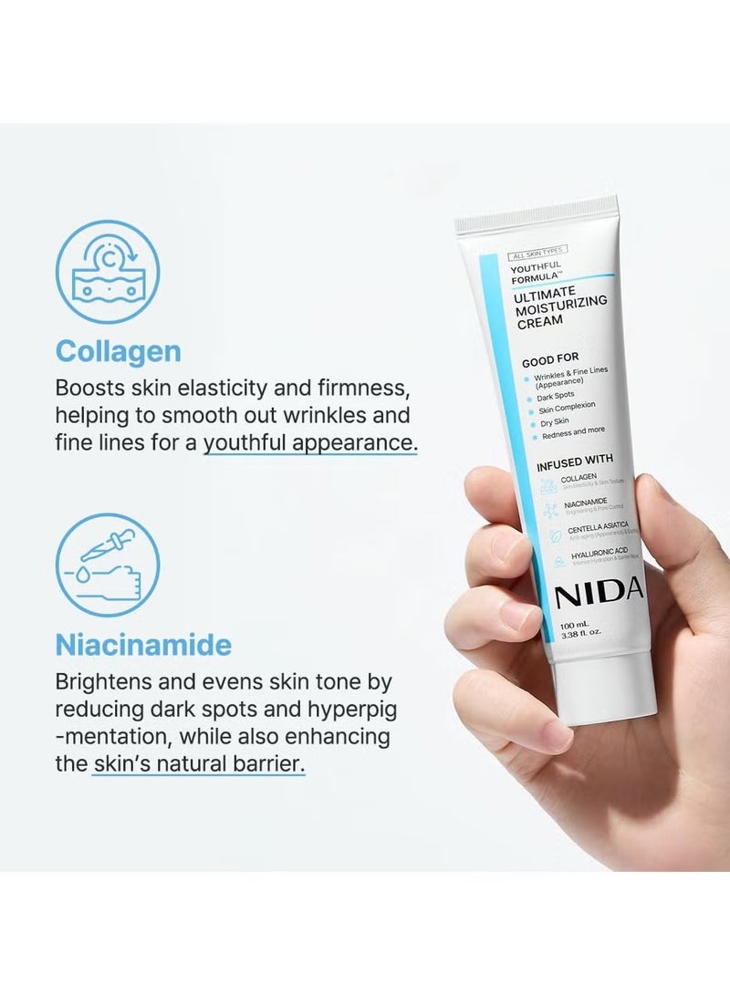NIDA Youthful Formula™ Ultimate Moisturizing Cream | Centella Asiatica, Niacinamide, Hyaluronic Acid, Collagen | Wrinkles, Fine Lines, Dark Spots, Dry Skin, Redness | 3.38 fl. oz., 100ml - Image 3
