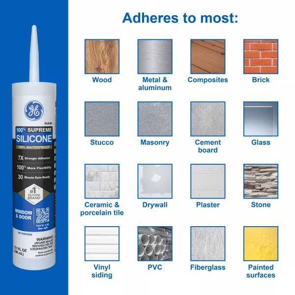 GE Supreme Silicone Caulk for Window & Door, Clear, 10 fl oz Cartridge, 1 Pack - 100% Waterproof Silicone Sealant, 7X Stronger Adhesion, Shrink & Crack Proof - Image 4