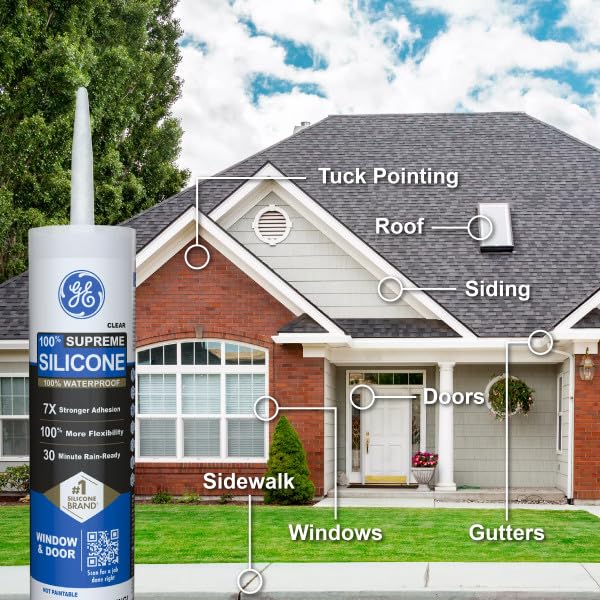 GE Supreme Silicone Caulk for Window & Door, Clear, 10 fl oz Cartridge, 1 Pack - 100% Waterproof Silicone Sealant, 7X Stronger Adhesion, Shrink & Crack Proof - Image 5