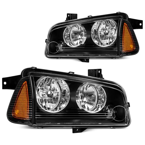 DWVO Headlight Assembly Compatible with 2006-2010 Dodge Charger Black Housing Amber Reflector (Driver & Passenger Side) - Image 1