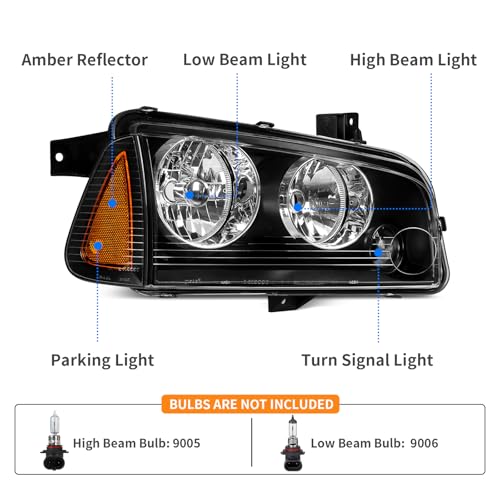 DWVO Headlight Assembly Compatible with 2006-2010 Dodge Charger Black Housing Amber Reflector (Driver & Passenger Side) - Image 2
