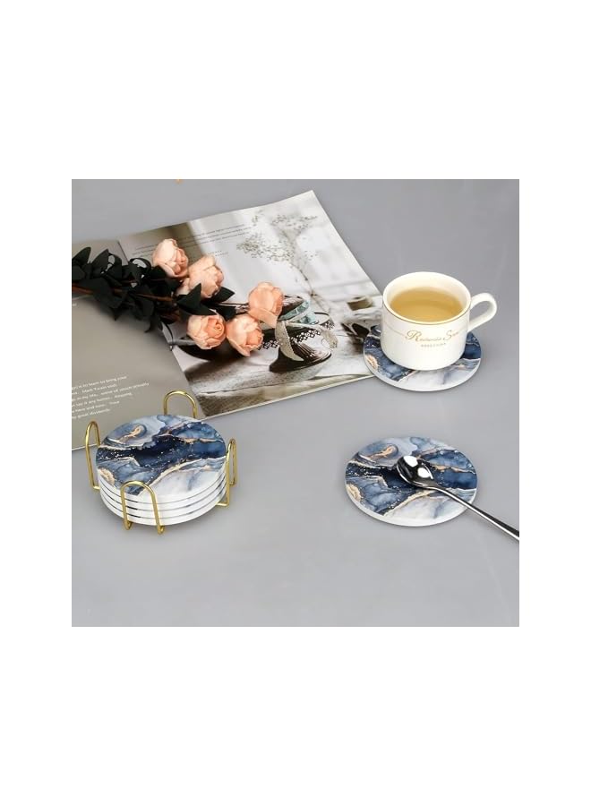 The Bros 6 Pcs Coasters for Drinks, Navy Blue Marble Abstract Ceramic Coasters with Holder, Round Ceramic Table Coasters Set, Decorative Coffee Coasters for Room Decor Bar Housewarming Gift - Image 4