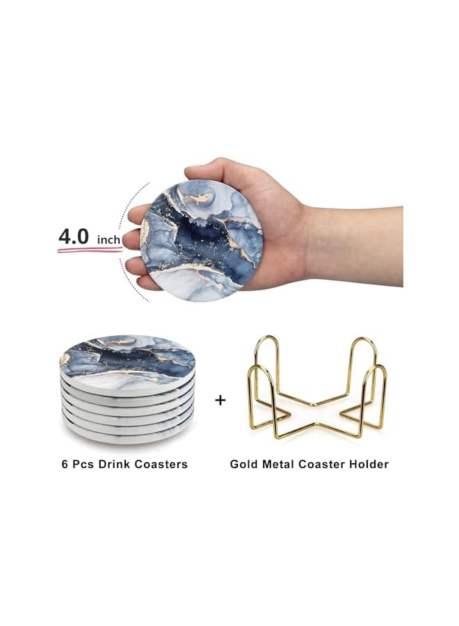 The Bros 6 Pcs Coasters for Drinks, Navy Blue Marble Abstract Ceramic Coasters with Holder, Round Ceramic Table Coasters Set, Decorative Coffee Coasters for Room Decor Bar Housewarming Gift - Image 3