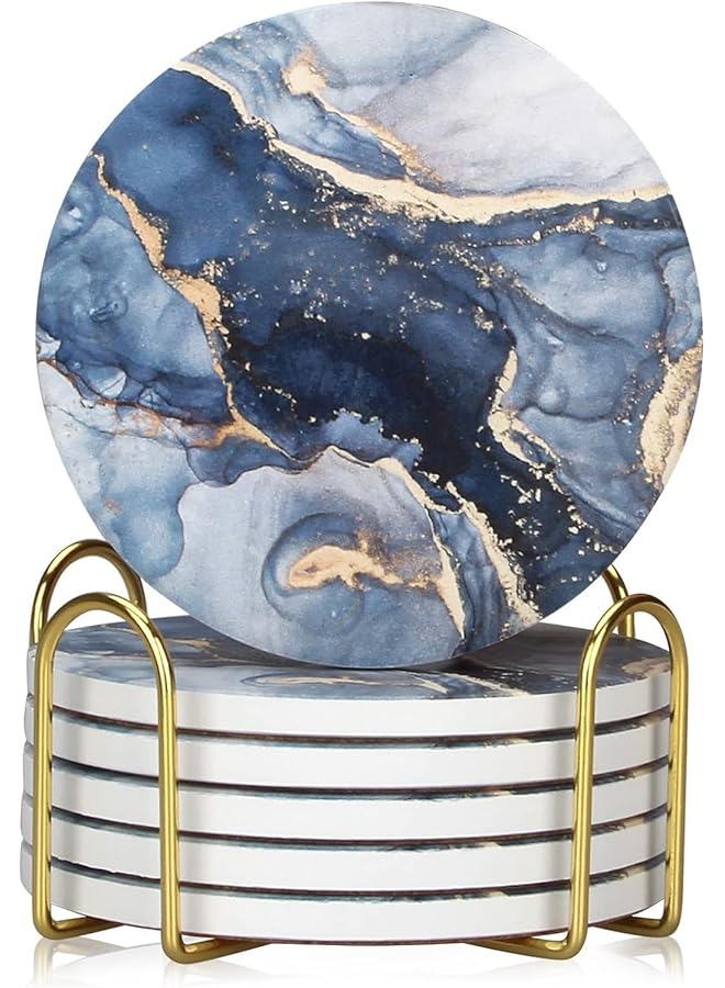 The Bros 6 Pcs Coasters for Drinks, Navy Blue Marble Abstract Ceramic Coasters with Holder, Round Ceramic Table Coasters Set, Decorative Coffee Coasters for Room Decor Bar Housewarming Gift - Image 1