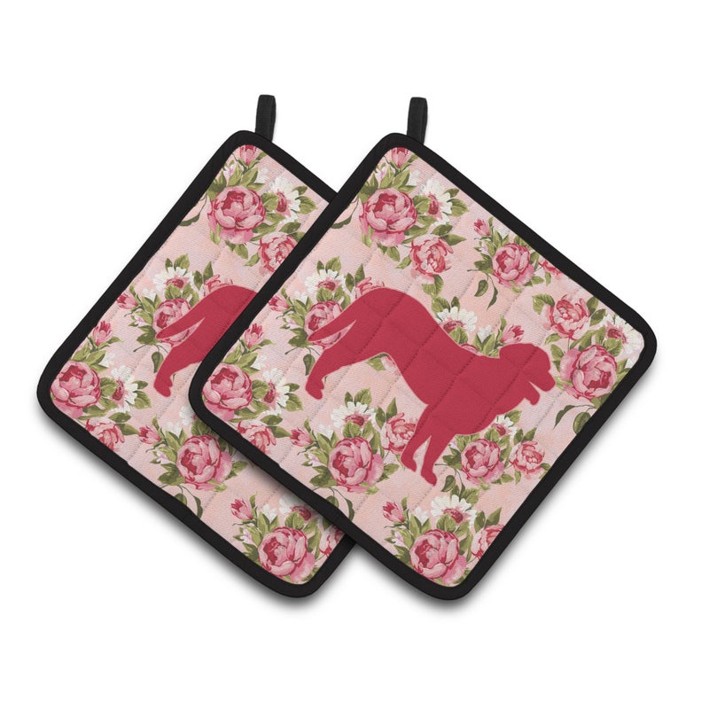 Caroline's Treasures ""Caroline's Treasures Curly Coated Retriever Shabby Chic Pink Roses Pair of Pot Holders BB1074-RS-PK-PTHD  7.5HX7.5W  Multicolor""