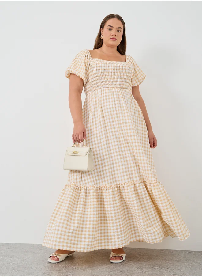 ستايلي Styli Plus Size Gingham Print Puff Sleeves A-Line Maxi Dress