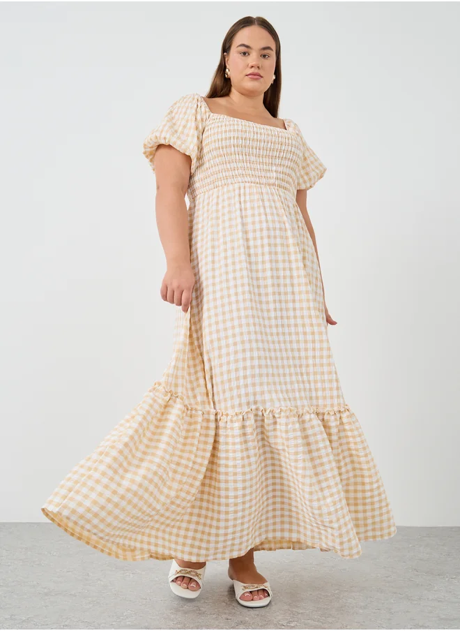 ستايلي Styli Plus Size Gingham Print Puff Sleeves A-Line Maxi Dress