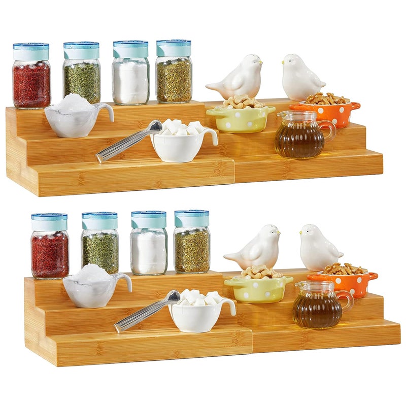 RoyalHouse Bamboo Expandable Spice Rack Organizer 3Tier Adjustable Kitchen Cabinet Countertop Display Shelf Space Organizer for Kitchen and Bathroom Pack of 2