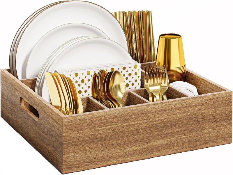 Aofure Acacia Wood Utensil Holder for Party Paper Plate and Utensil Holder Caddy for Countertop Kitchen Silverware Organizer Dispenser for Spoon Napkin Cup Cutlery Holders for Outdoor Camping Picnic - Image 1