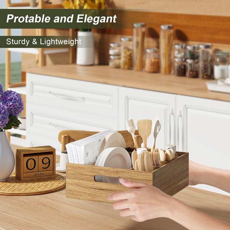 Aofure Acacia Wood Utensil Holder for Party Paper Plate and Utensil Holder Caddy for Countertop Kitchen Silverware Organizer Dispenser for Spoon Napkin Cup Cutlery Holders for Outdoor Camping Picnic - Image 2