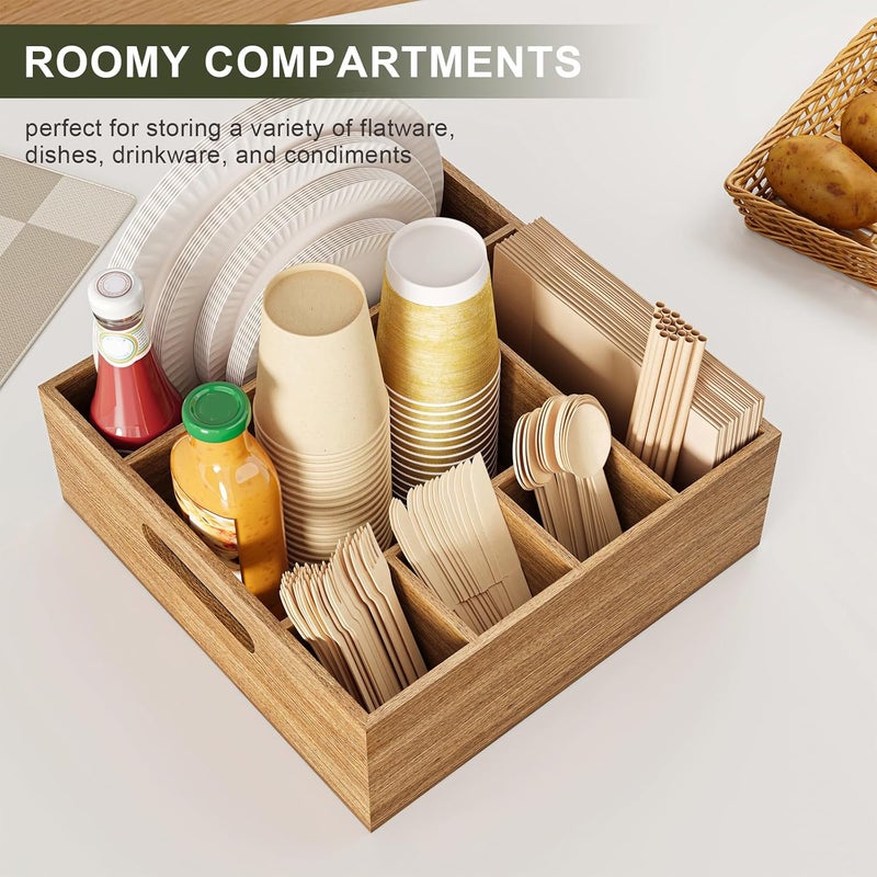 Aofure Acacia Wood Utensil Holder for Party Paper Plate and Utensil Holder Caddy for Countertop Kitchen Silverware Organizer Dispenser for Spoon Napkin Cup Cutlery Holders for Outdoor Camping Picnic - Image 5