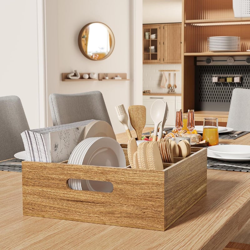 Aofure Acacia Wood Utensil Holder for Party Paper Plate and Utensil Holder Caddy for Countertop Kitchen Silverware Organizer Dispenser for Spoon Napkin Cup Cutlery Holders for Outdoor Camping Picnic - Image 4