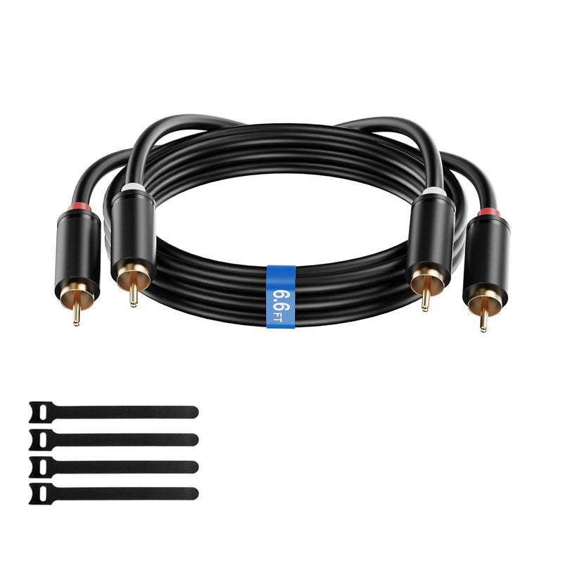 كابل RCA من ، طوله 6.6 قدم، من نوع 2 RCA ذكر إلى 2 RCA ذكر، لأنظمة الصوت الستريو المستخدمة في دور السينما المنزلية، أجهزة التلفاز عالية الدقة (HDTV)، أجهزة الألعاب الإلكترونية، أنظمة الصوت عالية الجودة (Hi-Fi)، مصنوع من سلك نحاس مغطى بطلاء خالٍ من الأكسجين بسمك 26 AWG، مغلف بمادة PVC. - Image 1