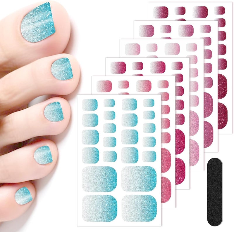 KASTWAVE 6Pcs Glitter Gradient & Solid Color Toenail Stickers, Full Wrap Self-Adhesive Nail Wraps for Toenails, Long-Lasting Gel Polish Strips, DIY Foot Nail Art for Women Girls - Image 1