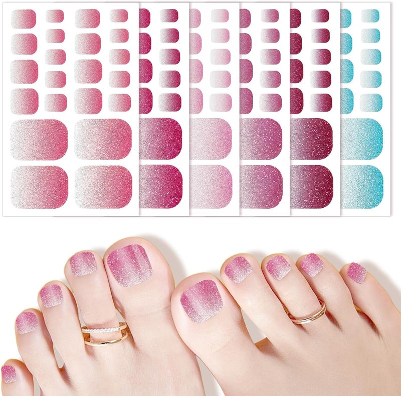 KASTWAVE 6Pcs Glitter Gradient & Solid Color Toenail Stickers, Full Wrap Self-Adhesive Nail Wraps for Toenails, Long-Lasting Gel Polish Strips, DIY Foot Nail Art for Women Girls - Image 2