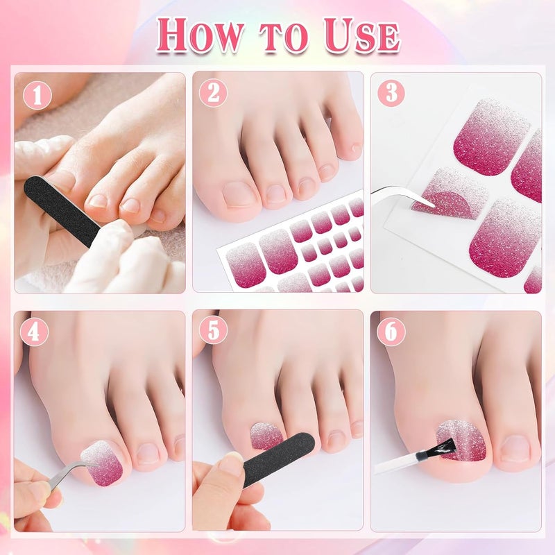 KASTWAVE 6Pcs Glitter Gradient & Solid Color Toenail Stickers, Full Wrap Self-Adhesive Nail Wraps for Toenails, Long-Lasting Gel Polish Strips, DIY Foot Nail Art for Women Girls - Image 5