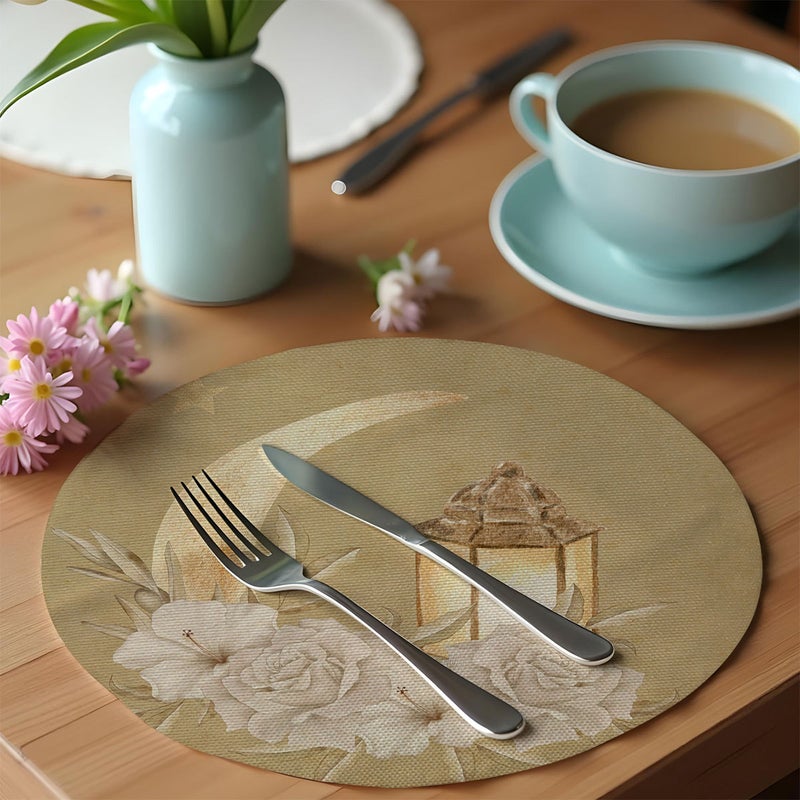Islamic Moon Print Round Linen Placemats, Ramadan Eid Festival Table Decor Heat Resistant Mats, Durable Washable Dining Table Mats for Kitchen  Restaurant - Image 1