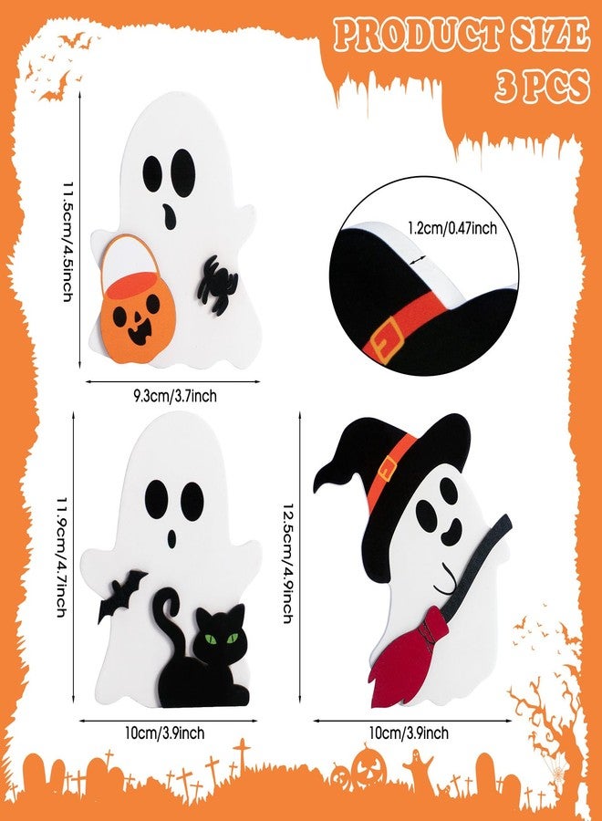 PADELO 3 Pcs Halloween Ghost Decor - Cute Ghost Decorations Indoor, Wooden Tiered Tray Decor Table Sign Set, Halloween Table Decor Witch Broom Pumpkin Bat Blocks for Party Home Shelf Display - Image 3