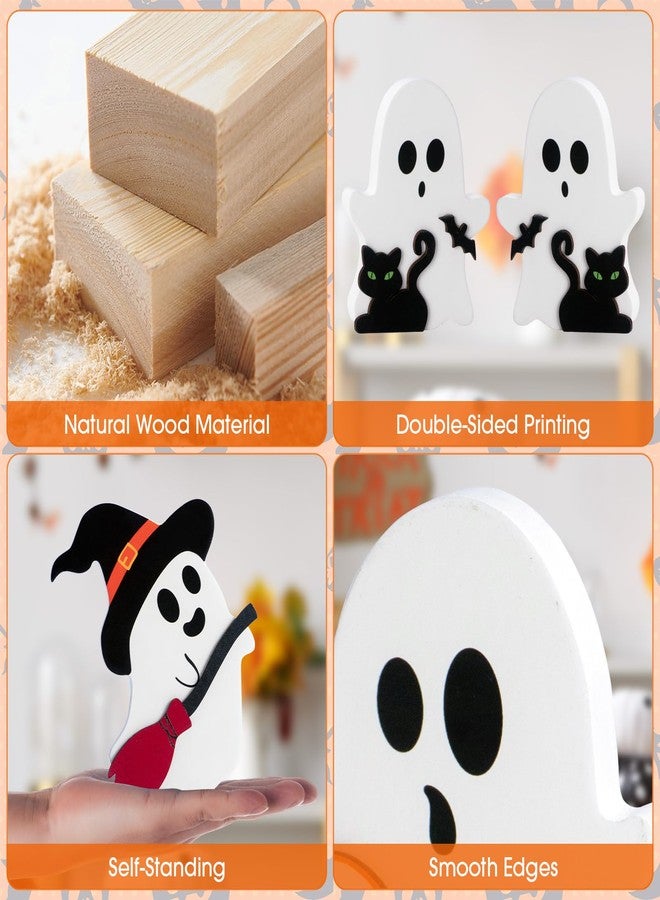 PADELO 3 Pcs Halloween Ghost Decor - Cute Ghost Decorations Indoor, Wooden Tiered Tray Decor Table Sign Set, Halloween Table Decor Witch Broom Pumpkin Bat Blocks for Party Home Shelf Display - Image 4