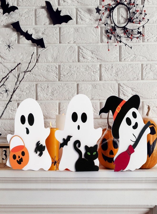 PADELO 3 Pcs Halloween Ghost Decor - Cute Ghost Decorations Indoor, Wooden Tiered Tray Decor Table Sign Set, Halloween Table Decor Witch Broom Pumpkin Bat Blocks for Party Home Shelf Display - Image 5