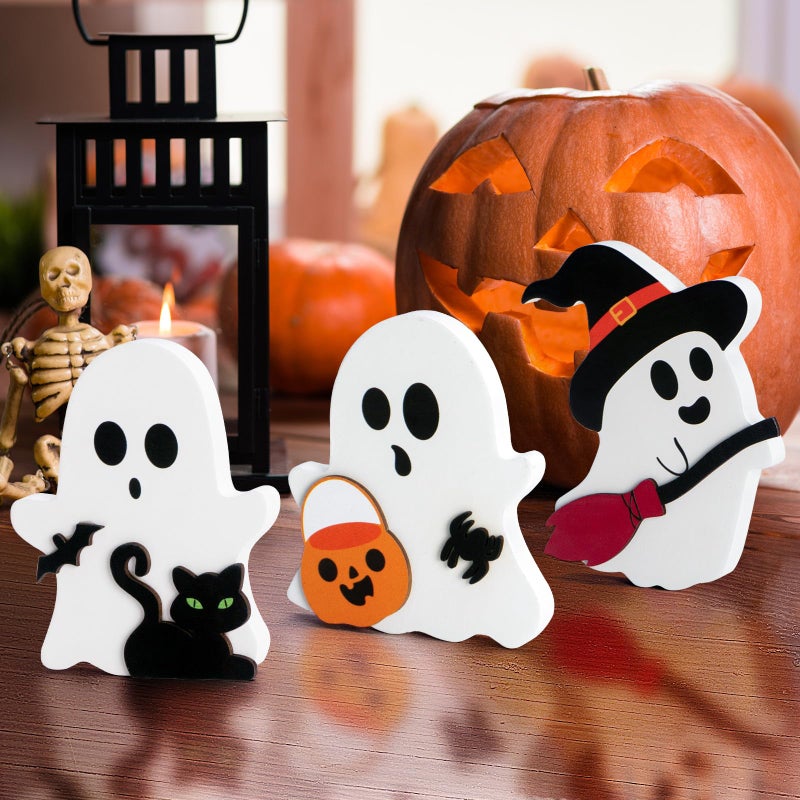 PADELO 3 Pcs Halloween Ghost Decor - Cute Ghost Decorations Indoor, Wooden Tiered Tray Decor Table Sign Set, Halloween Table Decor Witch Broom Pumpkin Bat Blocks for Party Home Shelf Display - Image 1