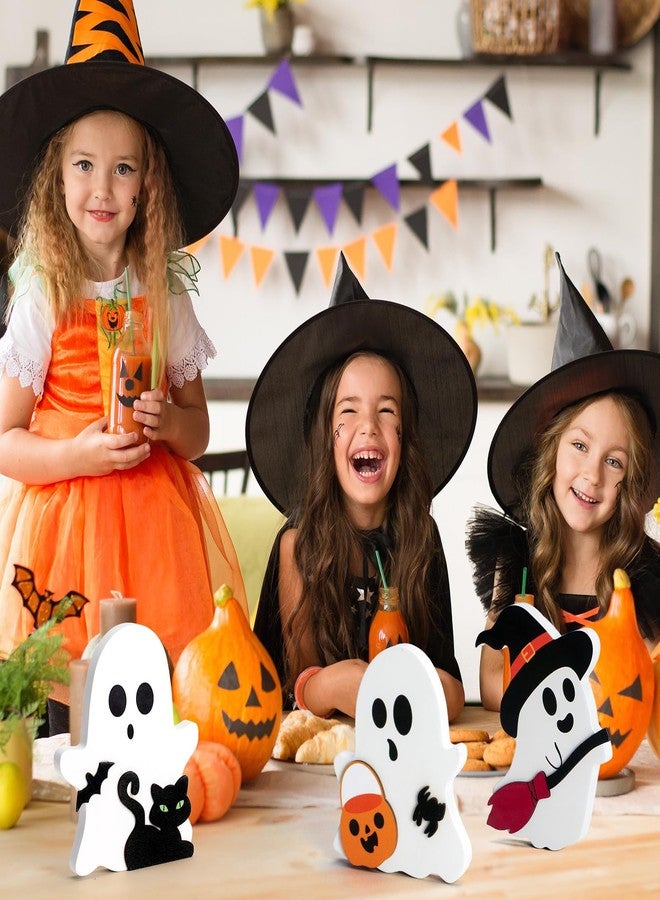 PADELO 3 Pcs Halloween Ghost Decor - Cute Ghost Decorations Indoor, Wooden Tiered Tray Decor Table Sign Set, Halloween Table Decor Witch Broom Pumpkin Bat Blocks for Party Home Shelf Display - Image 2